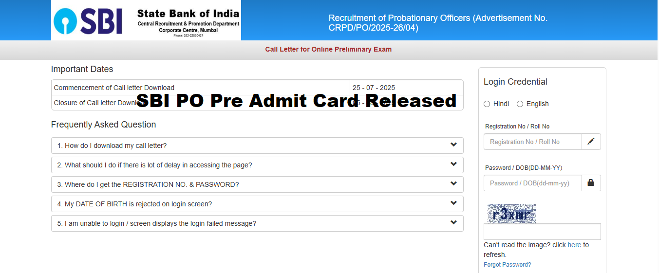 sbi official site- PO Pre admit card download page